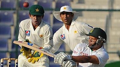 South Africa’s Ashwell Prince attacks the Pakistan bolwing in Abu Dhabi yesterday.
