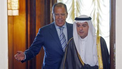Russian foreign minister Sergei Lavrov (L) welcomes Saudi Arabia's foreign minister, Adel Al Jubeir, during their meeting in Moscow on August 11, 2015. Sergei Chirikov/EPA
