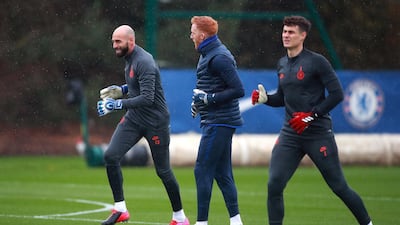Chelsea goalkeepers Willy Caballero (left) and Kepa Arrizabalaga (right) during a training session at Cobham. PA