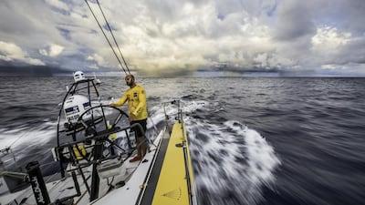Abu Dhabi Ocean Racing skipper Ian Walker steers Azzam out of the doldrums with his boat in the lead during the first leg of the Volvo Ocean Race. Matt Knighton / Abu Dhabi Ocean Racing / Volvo Ocean Race