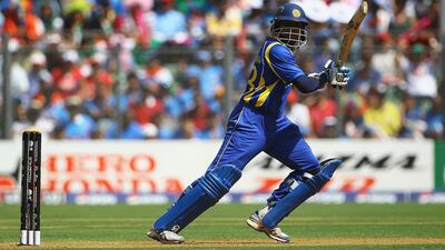 Sri Lanka's Tillakaratne Dilshan plays a shot during the World Cup final. Getty Images