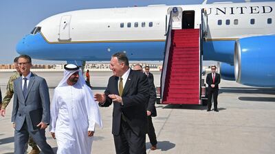 US Secretary of State Mike Pompeo is greeted upon his arrival at al-Bateen Air Base in Abu Dhabi on September 19, 2019. AFP