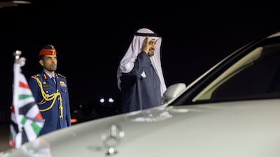 President Sheikh Mohamed bids farewell to King Abdullah after receiving him at Al Bateen Airport