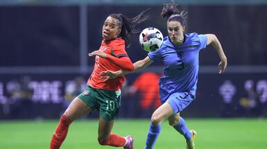 Portugal's Jessica Silva, left, vies for the ball with Caitlin Dijkstra of the Netherlands during a friendly match at the Municipal de Braga stadium in Portugal. EPA