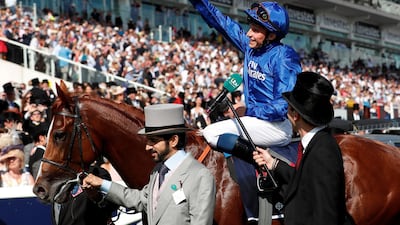 Godolphin celebrated their first win in the Epsom Derby as William Buick rode Masar to victory, much to the delight of Sheikh Mohammed bin Rashid, Vice President of the UAE and Ruler of Dubai, and Sheikh Hamdan bin Mohammed, Crown Prince of Dubai. Andrew Boyers / Reuters