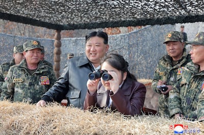 North Korean leader Kim Jong-un and his daughter Kim Ju Ae inspecting a Korean People’s Army training exercise at an undisclosed location in North Korea last year. AFP