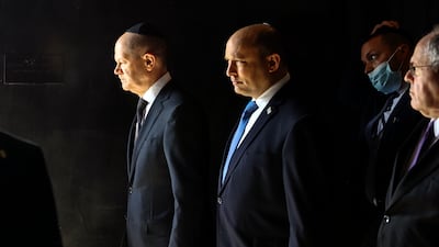German Chancellor Olaf Scholz and Israeli Prime Minister Naftali Bennett visit the Yad Vashem Holocaust memorial on March 2. AP