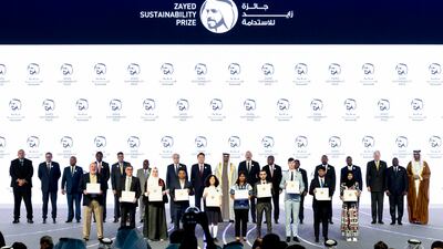 (Back row L-R) Siaosi Sovaleni, Prime Minister of Tonga, Aziz Akhannouch, Prime Minister of Morocco, Wavil Ramkalawan, President of Seychelles, Hakainde Hichilema, President of Zambia, Surangel Whipps Jr, President of Palau, Nana Akufo-Addo, President of Ghana, Kassym-Jomart Tokayev, President of Kazakhstan, Yoon Suk Yeol, President of South Korea, President Sheikh Mohamed, Ilham Aliyev, President of Azerbaijan, Joao Lourenco, President of Angola, Filipe Nyusi, President of Mozambique, Abiy Ahmed, Prime Minister of Ethiopia, Yoweri Museveni, President of Uganda, Olafur Ragnar Grimsson, former president of Iceland and chairman of Arctic Circle, Tiemoko Meyliet Kone, Vice President of Ivory Coast, and Dr Sultan Al Jaber, Minister of Industry and Advanced Technology. Photo: Presidential Court