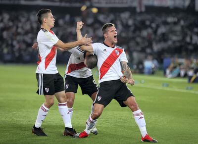Bruno Zuculini celebrates after opening the scoring for River Plate against Kashima Antlers. Chris Whiteoak / The National