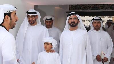 Sheikh Mohammed bin Rashid bin Zayed, Vice President and Ruler of Dubai, Sheikh Mohammed bin Zayed, Crown Prince of Abu Dhabi and Deputy Supreme Commander of the Armed Forces, and Sheikh Hamdan bin Mohammed at the Qasr Al Hosn Festival in Abu Dhabi on February 24, 2014. Wam