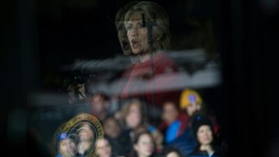 Hillary Clinton, 2016 Democratic presidential nominee is reflected in a teleprompter during a rally on the Independence Mall in Philadelphia, Pennsylvania. About 40,000 people flooded Independence Mall in Philadelphia for Hillary Clinton’s rally with her husband Bill, President Barack Obama and his wife Michelle at her side. Brendan Smialowski / AFP