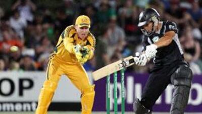 Ross Taylor, left, plays a cut shot during his innings of 70 in Napier yesterday.