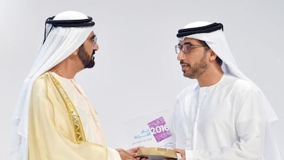 Sheikh Mohammed bin Rashid, Vice President and Ruler of Dubai, honoured 45 Emiratis and organisations taking part in the Year of Reading initiative at the third UAE Pioneers Award. Mohammed Al Hammadi, Editor-in-Chief of Aletihad, The National’s Arabic-language sister newspaper, accepts the award on behalf of Abu Dhabi Media. Wam