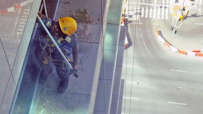 Window cleaners precariously perched on the ledge of Abu Dhabi Mall. Courtesy Ramesh Menon