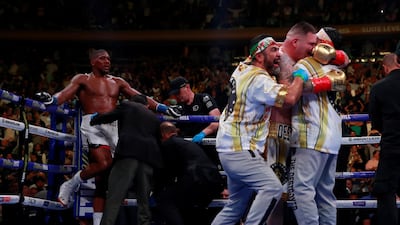 Boxing - Anthony Joshua v Andy Ruiz Jr - WBA Super, IBF, WBO & IBO World Heavyweight Titles - Madison Square Garden, New York, United States - June 1, 2019 Andy Ruiz Jr celebrates winning the fight with his team Action Images via Reuters/Andrew Couldridge