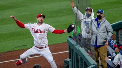 Philadelphia Phillies right fielder Matt Joyce catches a fly ball from New York Mets' James McCann during the MLB game at Citizens Bank Park, on Friday, April 30. Phillies won the game 2-1. AP