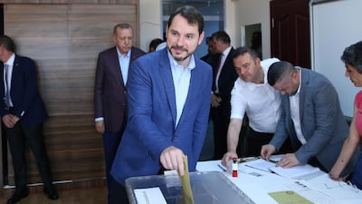 Finance Minister Berat Albayrak, President Erdogan's son-in-law, casts his vote. Erdem Sahin / EPA