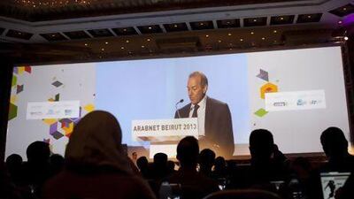 Fadi Salem speaks at the Arabnet conference in Beirut, Lebanon.