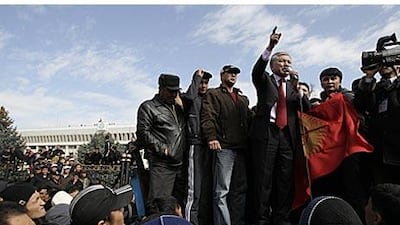 The opposition politician Isa Omurkulov speaks to protesters yesterday at the Kyrgyz seat of government in the capital, Bishkek.