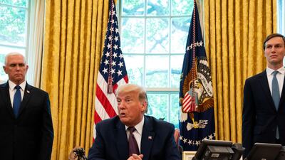 Mr Kushner with former US president Donald Trump and former vice president Mike Pence in the Oval Office of the White House. Bloomberg