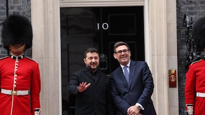 Volodymyr Zelenskyy with Andy Burnham outside Downing Street. Bloomberg