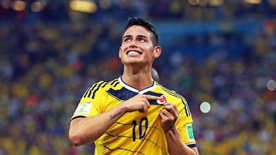 James Rodriguez celebrates his goal against Uruguay on Saturday at the 2014 World Cup in Rio de Janeiro, Brazil. Paolo Aguilar / EPA