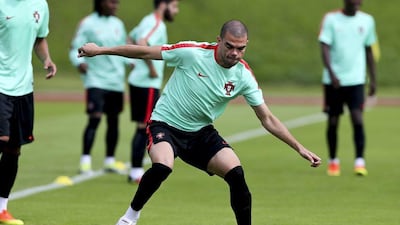 Portugal player Pepe in action during a training session at the French national rugby team’s camp in Marcoussis near Paris, France, 24 June 2016. Portugal will play Croatia on 25 June in Lens for the round of 16 of Uefa Euro 2016. Miguel A Lopes / EPA