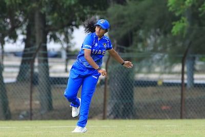 Vaishnave Mahesh during UAE's match against Philippines in Malaysia. Photo: Asian Cricket Council