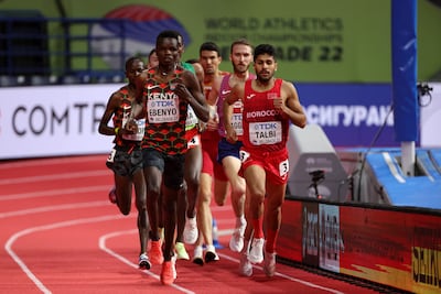 Zouhair Talbi of Morocco, right, during the Men's 3000m final at the World Athletics Indoor Championships Belgrade 2022. Getty Images