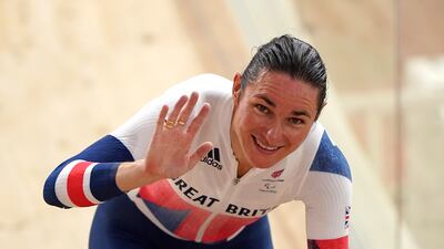 Great Britain's Dame Sarah Storey celebrates winning gold. PA