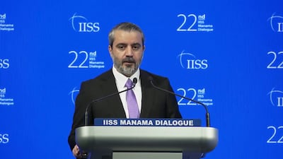 Syrian Foreign Minister Assad Al Shibani speaking at IISS Manama Dialogue in Bahrain. Photo: IISS