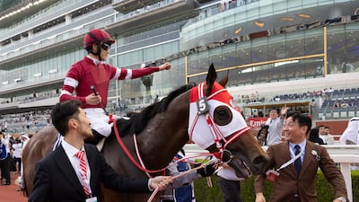 Forever Young under Ryusei Sakai celebrates after winning the Group 2 UAE Derby at Meydan Racecourse on March 30, 2024 in Duba. Getty Images