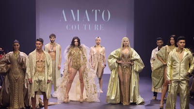 Although it was a men's showcase, the Filipino designer's famous show-stopping gowns also made an appearance on the catwalk.
