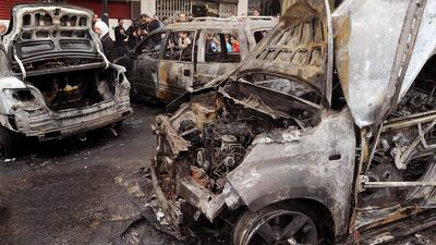 Damaged cars at the site of an explosion in the Mazzeh area of Damascus on March 24. According to state-media SANA, an explosive device planted by ‘terrorists’ in a parked car cased material damage with no causalities reported. SANA / EPA