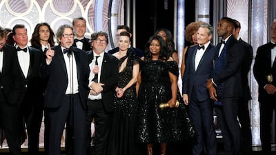 Peter Farrelly, foreground, accepting the award for best comedy film for 'Green Book' during the 76th Annual Golden Globe Awards. Paul Drinkwater / NBC via AP