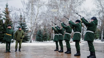 Honour guards fire a farewell salute during a ceremony in memory of Russian soldiers killed in the course of Russia-Ukraine military conflict, in Glory Square in Samara, Russia. Reuters