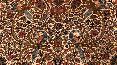 A design from Kashan in Iran, featuring hand-knotted silk on silk threads with birds as a decorative motif. It costs Dh55,000.