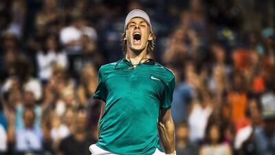 Denis Shapovalov, of Canada, celebrates his win against Nick Kyrgios, of Australia, during men’s first round Toronto Masters tennis action in Toronto on Monday, July 25, 2016. Aaron Vincent Elkaim / The Canadian Press / AP