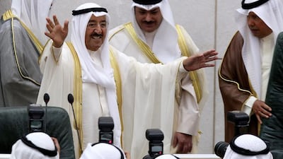 Kuwaiti emir Sheikh Sabah Al Ahmad Al Jaber Al Sabah greets members of Kuwait National Assembly during the opening ceremony of the new legislative year in Kuwait City on October 27, 2015. Yasser Al Zayyat / AFP