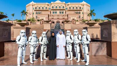 H.E. Noura Al Kaabi, twofour54 CEO and Chairman of Abu Dhabi Tourism & Culture Authority, H.E. Mohamed Khalifa Al Mubarak with the Stormtroopers. Courtesy twofour54