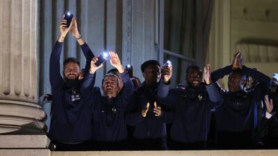 France's Olivier Giroud, Antoine Griezmann, Aurelien Tchouameni, Ibrahima Konate and Eduardo Camavinga greet fans. Reuters