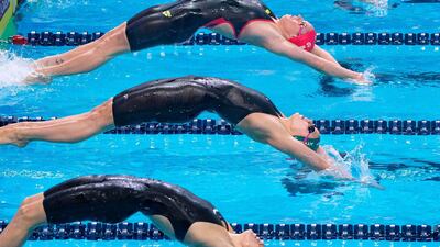 Swimmers compete in the women's 100m backstroke during the International Swimming League Championship Final in Las Vegas, Nevada, on Saturday December 21, 2019. AFP