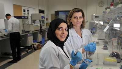 Geneticist Dr Habiba Al Safar, from Khalifa University, left, Fatme Al Anouti, Assistant Dean and Associate Professor at Zayed University have teamed up to work on researching the link between diabetes and vitamin D deficiency in the UAE. Delores Johnson / The National