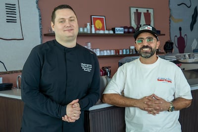 The Tomato Man, right, with Milan Jurkovic, chef at 21grams, a Balkan bistro in Dubai. Ahmed Ramzan / The National