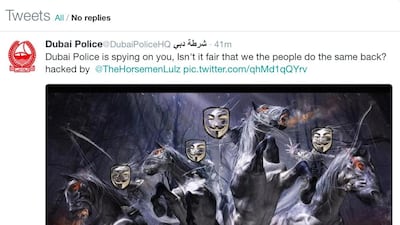 The hacker @TheHorsemenLulz claimed responsibility for the cyber attack on Dubai Police's social media accounts. Screengrab from Twitter