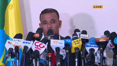 Ethiopia's attorney general said they had arrested 63 security officials and employees of military-run conglomerate Metec at a press conference in Addis Adaba on Monday. FBC/Facebook screengrab