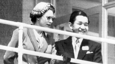 Queen Elizabeth II, relaxing from the coronation ceremonies, is joined by Japan's heir apparent, Japan's Prince Akihito, in the royal box as they watch running of Epsom Derby at Britain's Epsom Downs, June 6, 1953. The Queen saw her horse, Aureole, run second in the classic. When he abdicates April 30, 2019, Akihito will become the first emperor in Japan’s modern history to see his era end without ever having a war. AP