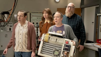 From left, John Ross Bowie, Lauren Lapkus, Kevin Sussman and Brian Posehn reprise their Big Bang Theory characters in Stuart Fails to Save the Universe. Photo: HBO Max