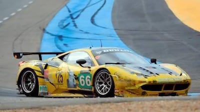The Ferrari 458 driven by Emirati driver Khaled Al Qubaisi competes during the 24 Hours of Le Mans.