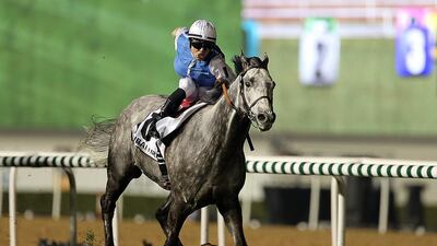 Jockey Maxime Guyon guides Solow to a win in the Dubai Turf during the World Cup in March. Guyon gets the ride again in the Queen Anne Stakes. Satish Kumar / The National